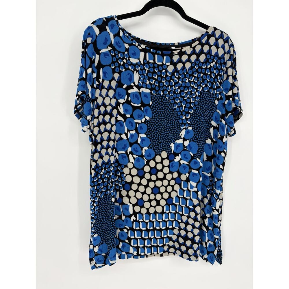 Chico’s Size XL Women’s Blue Black Abstract Dot Print Stretch Top Short Sleeve - Picture 2 of 8